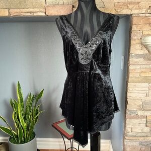 VTG Y2K Crushed Black Velvet Indie Grunge Whimsigoth Party Top Beaded Sequins L